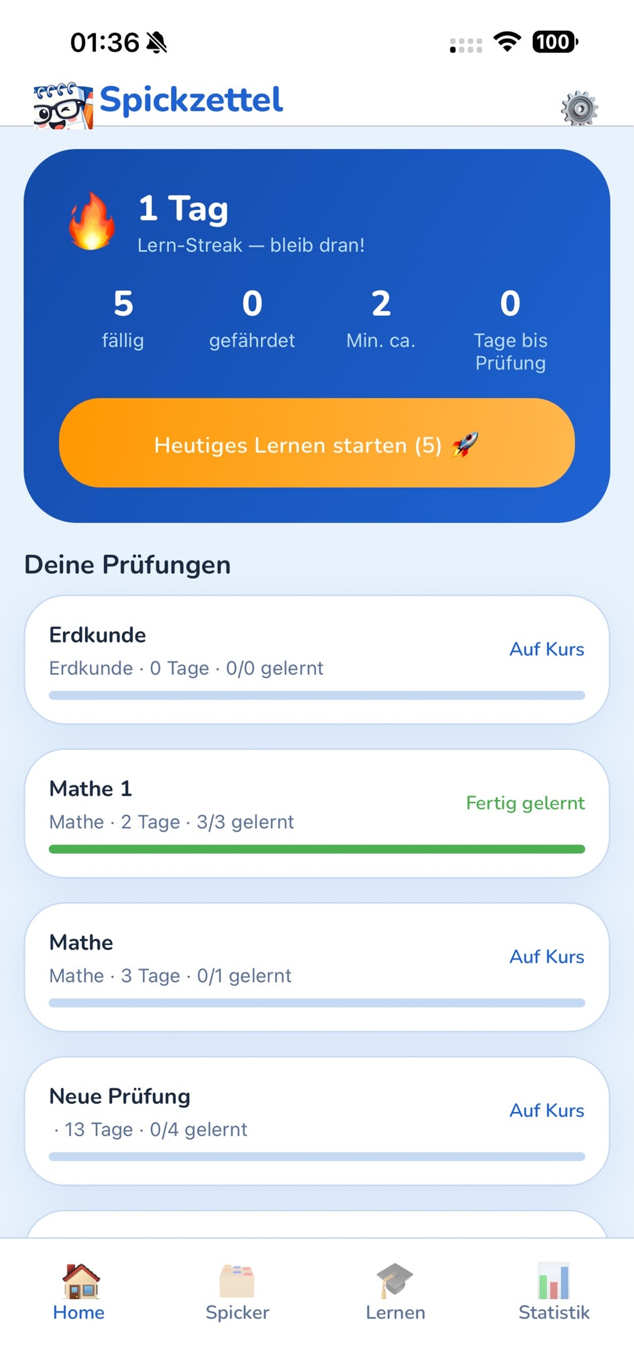 Spickzettel Home Screen — Prüfungen, Streak, Lernfortschritt