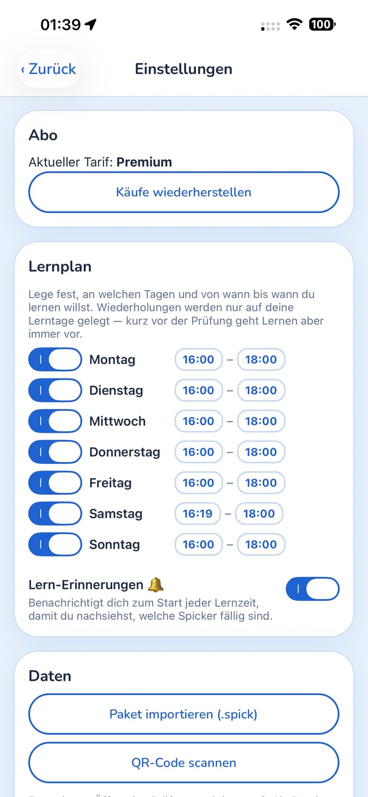 Karten teilen und Einstellungen